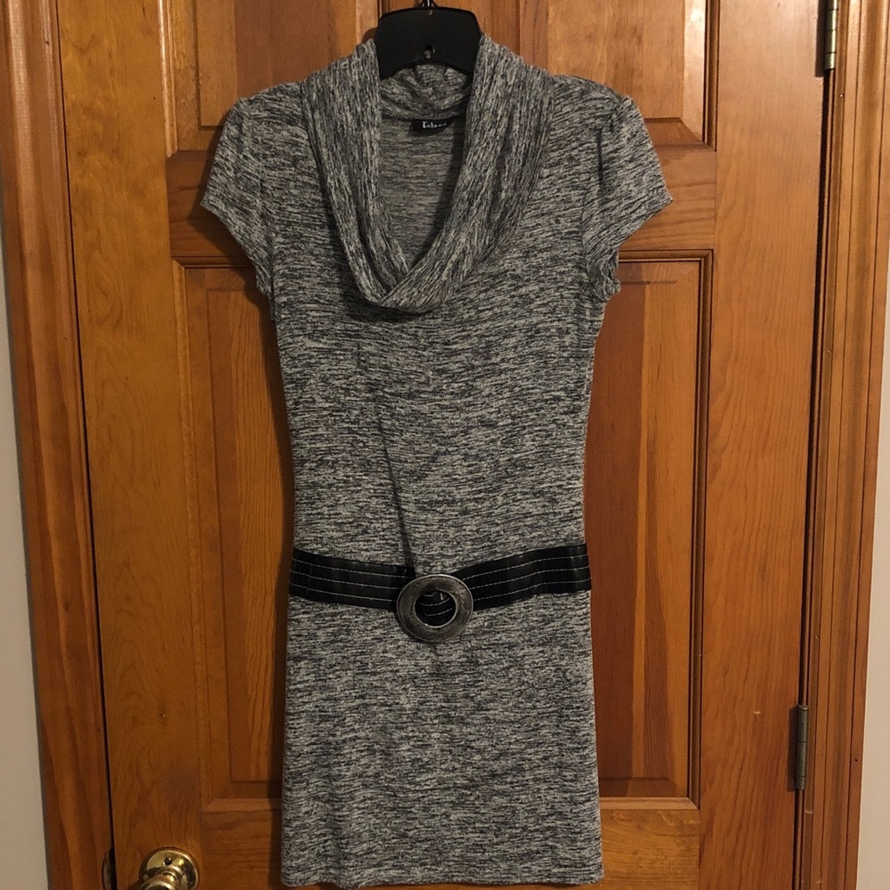 Taboo Gray Marled Cowl Neck Sweater Dress with Belt